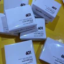 Load image into Gallery viewer, A 100-gram bar of 601 Baccarat Rouge inspired goat milk soap with a creamy ‘custard’ color, individually wrapped. Made with nourishing ingredients like coconut oil, palm oil, safflower oil, and kosher glycerine. Hypo-allergenic, non-comedogenic, biodegradable, and gluten-free.