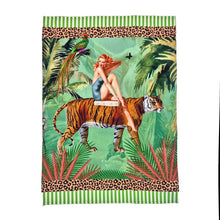 Load image into Gallery viewer, Jungle Walk Green Wild Retro Glamour 100% Linen Tea Towel