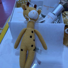 Load image into Gallery viewer, A personalised baby hamper featuring a hand-poured soy candle with the baby’s name, date, weight, and time of birth, a matching 100ml nursery spray, baby socks, and a knitted rattle, all enclosed in a magnetic close hamper box with a custom card and double-sided satin bow. Ships within 24 hours.