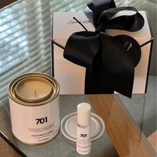 Load image into Gallery viewer, Gift pack featuring a small paint tin candle and roll-on perfume, beautifully boxed with a double-sided satin bow and tag, with a Brazilian Bum Bum fragrance.