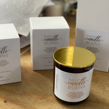 Load image into Gallery viewer, A 300-gram coco soy wax candle with a cotton wick, featuring rose gold foiling and a matching box, perfect for commemorating the anniversary of a loved one’s passing.