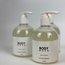 Load image into Gallery viewer, A PET pump bottle of Australian-made body soap, free from parabens, mineral oil, phthalates, formaldehyde, palm oil, and PEGs. Non-GMO, cruelty-free, vegan-friendly, with a unisex wild strawberry and parsley fragrance.