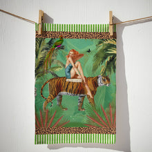 Load image into Gallery viewer, Jungle Walk Green Wild Retro Glamour 100% Linen Tea Towel
