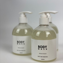 Load image into Gallery viewer, A PET pump bottle of Australian-made body soap, free from parabens, mineral oil, phthalates, formaldehyde, palm oil, and PEGs. Non-GMO, cruelty-free, vegan-friendly, with a unisex wild strawberry and parsley fragrance.
